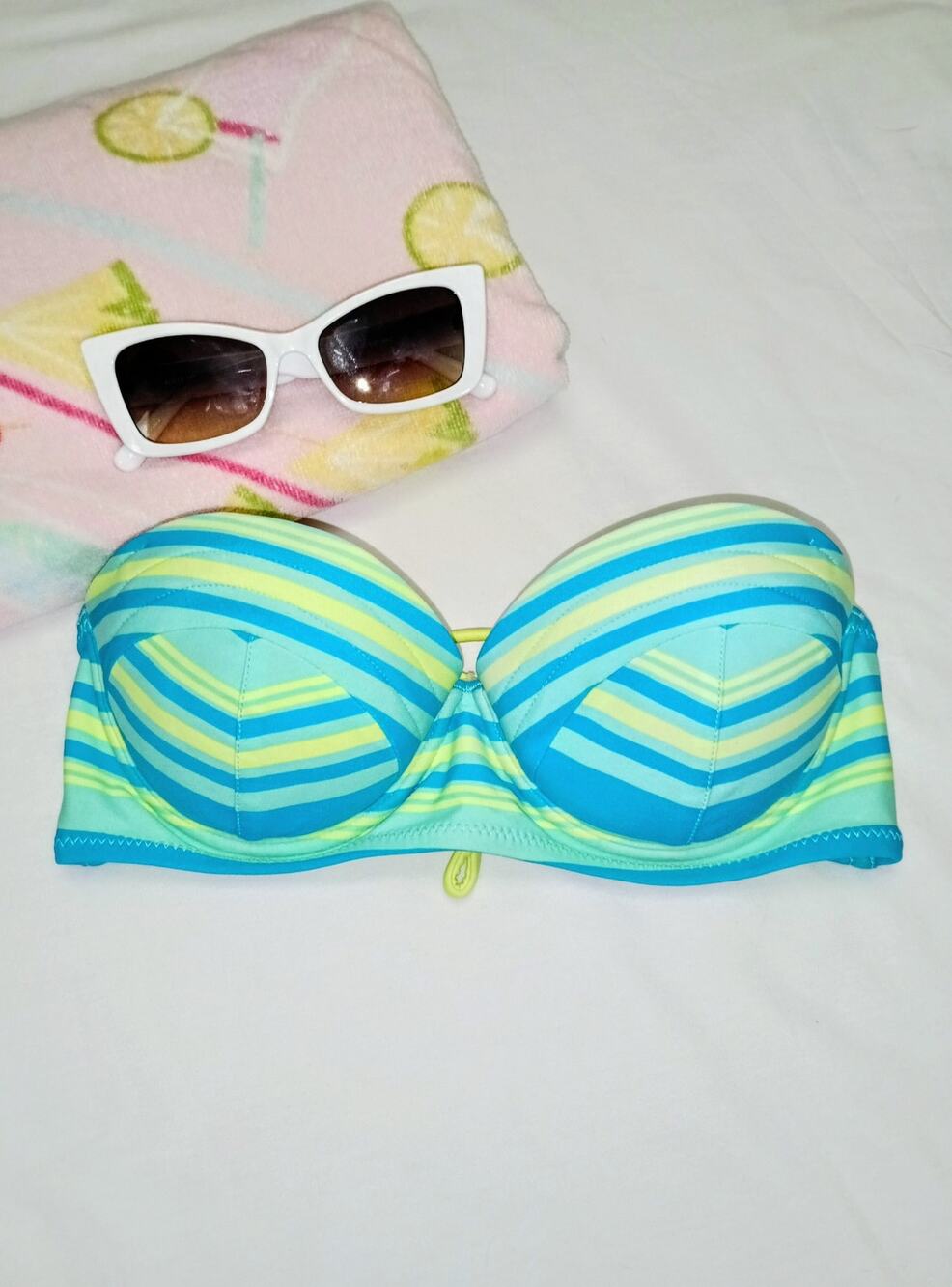 Forever 21 - Bright Aqua / Lime Striped Bandeau Balconette Bikini Top - Sz S